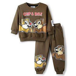 Babyhug Disney Terry Knit Full Sleeves Over Size Drop Shoulder T-Shirt & Lounge Pant With Chip & Dale Graphics - Brown