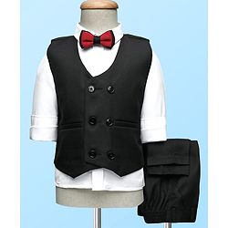 Babyhug Knit Full Sleeves Solid 3 Piece Party Suit With Bow - Black & White