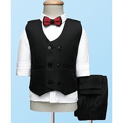 Babyhug Knit Full Sleeves Solid 3 Piece Party Suit With Bow - Black