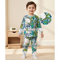 Babyhug Cotton Knit Full Sleeves Co-ord Night Suit with Animal Print - Light Blue & Green