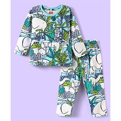 Babyhug Cotton Knit Full Sleeves Co-ord Night Suit with Animal Print - Light Blue & Green
