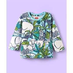 Babyhug Cotton Knit Full Sleeves Co-ord Night Suit with Animal Print - Light Blue & Green
