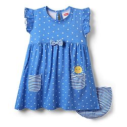 Babyhug Single Jersey Knit Frill Sleeves Polka Dot Printed Frock With  Bloomer & Bow Applique - Blue