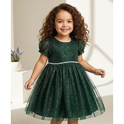 Babyhug Woven Puffed Half Sleeves Flared Glitter Dress With Rhinestones detailing on Waist - Dark Green