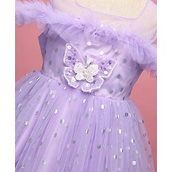 Babyhug Woven Sleeveless Fit and Flare Ruffled Dress with Foil Print & Butterfly Applique - Lavender