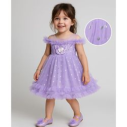 Babyhug Woven Sleeveless Fit and Flare Ruffled Dress with Foil Print & Butterfly Applique - Lavender