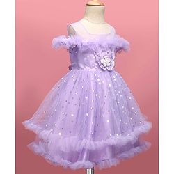 Babyhug Woven Sleeveless Fit and Flare Ruffled Dress with Foil Print & Butterfly Applique - Lavender