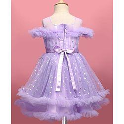 Babyhug Woven Sleeveless Fit and Flare Ruffled Dress with Foil Print & Butterfly Applique - Lavender
