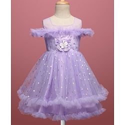 Babyhug Woven Sleeveless Fit and Flare Ruffled Dress with Foil Print & Butterfly Applique - Lavender