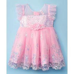 Babyhug Woven Frill Sleeves Mesh Party Dress with Sequinned Yoke & Corsage - Pink