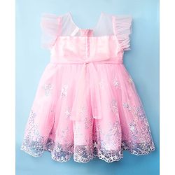 Babyhug Woven Frill Sleeves Mesh Party Dress with Sequinned Yoke & Corsage - Pink