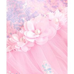 Babyhug Woven Frill Sleeves Mesh Party Dress with Sequinned Yoke & Corsage - Pink