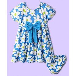 Babyhug Single Jersey Knit Half Raglan Sleeves Floral Printed Frock With Bow & Bloomers - Blue