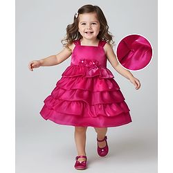 Babyhug Woven Sleeveless Fit & Flare Layered Partywear Dress With Corsage Applique - Red