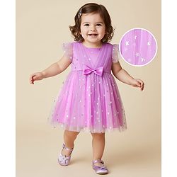 Babyhug Woven Frill Sleeves Party Dress With Foil Star Print & Bow Applique - Pink