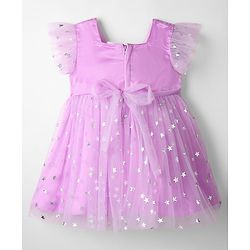 Babyhug Woven Frill Sleeves Party Dress With Foil Star Print & Bow Applique - Pink