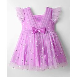 Babyhug Woven Frill Sleeves Party Dress With Foil Star Print & Bow Applique - Pink