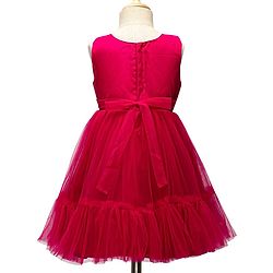 Babyhug Woven Sleeveless Mesh Party Dress With Floral Corsage - Dark Pink