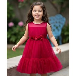 Babyhug Woven Sleeveless Mesh Party Dress With Floral Corsage - Dark Pink