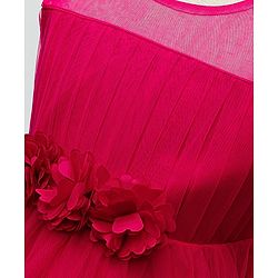 Babyhug Woven Sleeveless Mesh Party Dress With Floral Corsage - Dark Pink