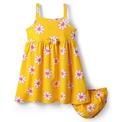 Babyhug Single Jersey Knit Sleeveless Floral Printed Frock With Bow Applique & Bloomer - Yellow