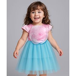 Babyhug Woven Cap Sleeves Mesh Party Dress With Floral Corsage - Pink & Blue