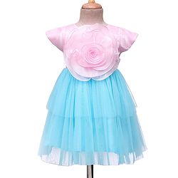 Babyhug Woven Cap Sleeves Mesh Party Dress With Floral Corsage - Pink & Blue