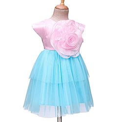 Babyhug Woven Cap Sleeves Mesh Party Dress With Floral Corsage - Pink & Blue