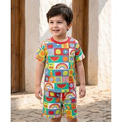 Babyhug Single Jersey Knit Half Sleeves Co-ords T-Shirt & Short Set With Tropical Theme Print - Multicolour