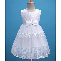 Babyhug Woven Sleeveless Mesh Party Dress with Sequin Detailing & Bow Applique - White