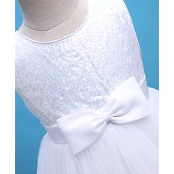 Babyhug Woven Sleeveless Mesh Party Dress with Sequin Detailing & Bow Applique - White
