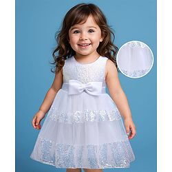 Babyhug Woven Sleeveless Mesh Party Dress with Sequin Detailing & Bow Applique - White