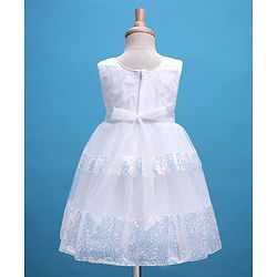 Babyhug Woven Sleeveless Mesh Party Dress with Sequin Detailing & Bow Applique - White