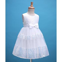 Babyhug Woven Sleeveless Mesh Party Dress with Sequin Detailing & Bow Applique - White
