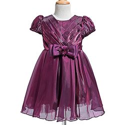 Babyhug Woven Puffed Sleeves Solid Colour Party Dress with Bow - Wine