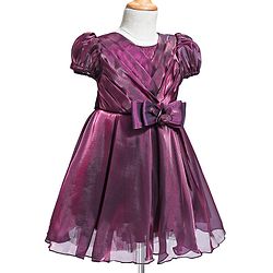 Babyhug Woven Puffed Sleeves Solid Colour Party Dress with Bow - Wine