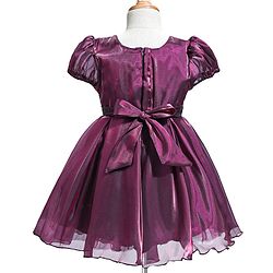Babyhug Woven Puffed Sleeves Solid Colour Party Dress with Bow - Wine