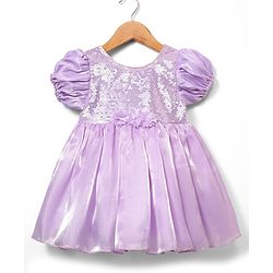 Babyhug Woven Half Sleeves Party Dress With Sequinned Yoke & Floral Corsage - Lavender