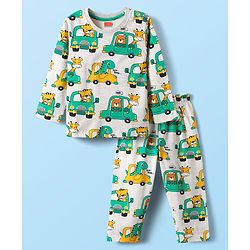 Babyhug Cotton Knit Full Sleeves Co-ords Night Suit With Vehicle Print - Grey