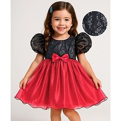 Babyhug Woven Half Sleeves Party Dress With Sequinned Yoke & Bow Applique - Black