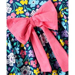 Babyhug Single Jersey Knit Half Sleeves Frock & Bloomer with Floral Print & Bow Applique - Navy Blue