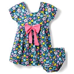 Babyhug Single Jersey Knit Half Sleeves Frock & Bloomer with Floral Print & Bow Applique - Navy Blue