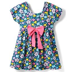 Babyhug Single Jersey Knit Half Sleeves Frock & Bloomer with Floral Print & Bow Applique - Navy Blue