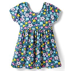 Babyhug Single Jersey Knit Half Sleeves Frock & Bloomer with Floral Print & Bow Applique - Navy Blue