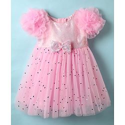 Babyhug Woven Frill Sleeves Sequinned Yoke Party Dress With Butterfly Glitter Print & Bow Applique - Pink