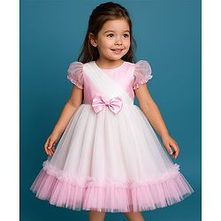 Babyhug Woven Half Puffed Sleeves Mesh Party Dress with Bow Applique - White & Pink