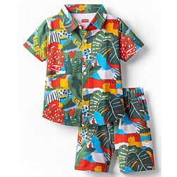 Babyhug Single Jersey Knit Half Sleeves Co-ords Shirt & Shorts Set with Tropical Theme Print - Multicolor