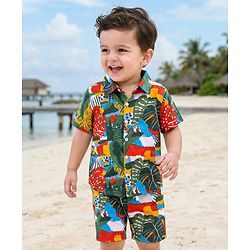 Babyhug Single Jersey Knit Half Sleeves Co-ords Shirt & Shorts Set with Tropical Theme Print - Multicolor