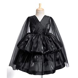 Babyhug Woven Full Cape Sleeves Tiered Party Dress With Floral Corsage & Pin Tuck Detailing - Black