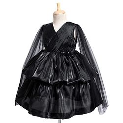 Babyhug Woven Full Cape Sleeves Tiered Party Dress With Floral Corsage & Pin Tuck Detailing - Black